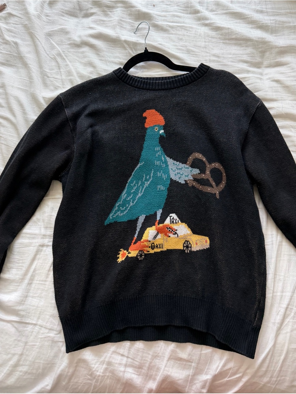 Min & Mon Black Crewneck Sweater with Pigeon and Yellow Taxi